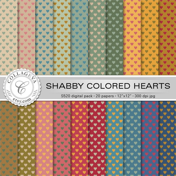 Shabby Farbige Herzen, Digital Paper Pack, 20 druckbare Blätter, 12"x12" INSTANT DOWNLOAD, hellgrün, ocker khaki blau, Vintage Stil (S520)