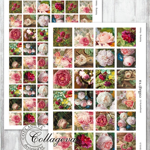 Painting - Roses Digital Collage Sheet 1.5", 1x1 inch squares, tiles for Pendants, Magnets, Scrapbooking, Crafts, vintage flowers (PF10-s)