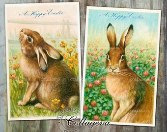 Digital Easter Cards, Vintage Tag Card, Postcard, Large printable card & Bookmark, Bunny Rabbit Clipart, Spring card, Easter Tag (T003-c)