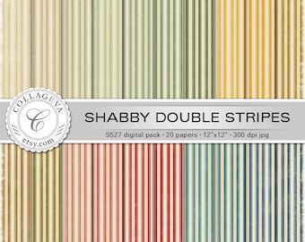 Shabby Double Stripes Digital Paper Pack 20 printables 12”x12” Vintage Grunge, ocher beige cream khaki orange blue pastel pale colors (S527)