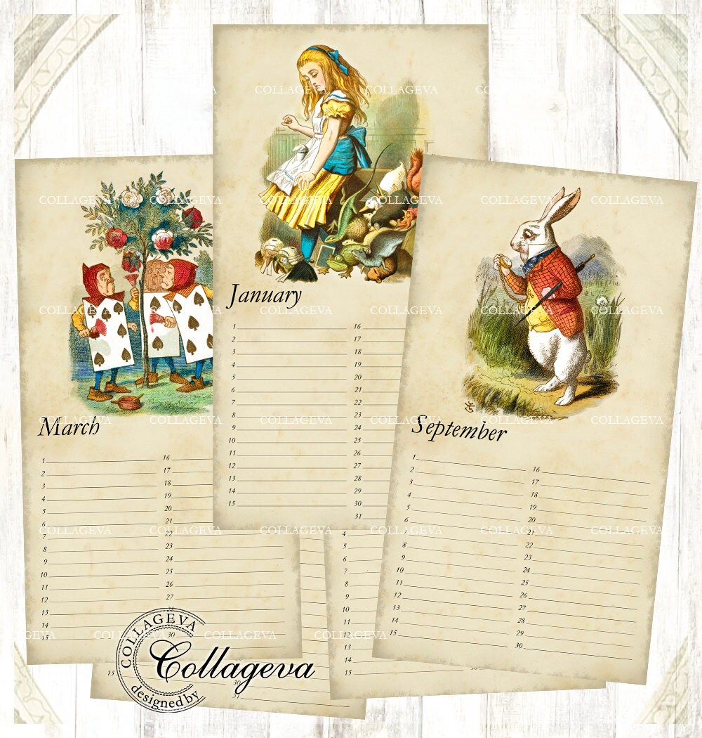 Alice in Wonderland Birthday Perpetual Calendar, Printable Digital ...