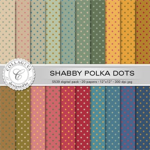 Shabby Polka Dots Digital Paper Pack, 20 Printable Sheets, 12x12 ...