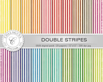 Double Stripes Digital Paper Pack, 20 printable background, 12x12”, Textured Shabby chic Grunge Vintage Striped pattern Scrapbooking (S505)