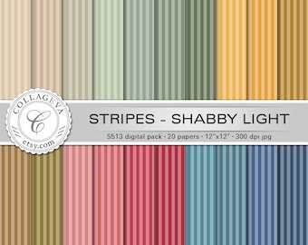 Stripes - Shabby Light Digital Paper Pack, 20 printable sheets, 12”x12” INSTANT DOWNLOAD, pale green, ocher, beige, red, blue (S513)