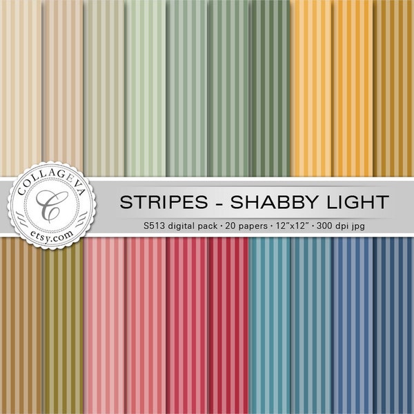 Stripes - Shabby Light Digital Paper Pack, 20 feuilles imprimables, 12"x12 » INSTANT DOWNLOAD, vert pâle, ocre, beige, rouge, bleu (S513)