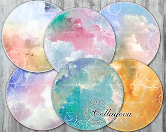 Painting – Colorful sky Digital Collage Sheet 4" 3" 2.5” 2 inch circles, Coasters, Clouds Images for card making, INSTANT DOWNLOAD (PL05-c