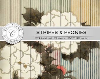 Stripes & Peonies (S524) Digital Paper Pack, 20 printable images, 12x12”, vintage style striped, pale red yellow blue beige green textured