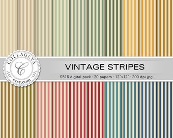Vintage Stripes Digital Paper Pack, 20 printable sheets, 12”x12” INSTANT DOWNLOAD, pale green, ocher, beige, red, blue, Shabby chic (S516)