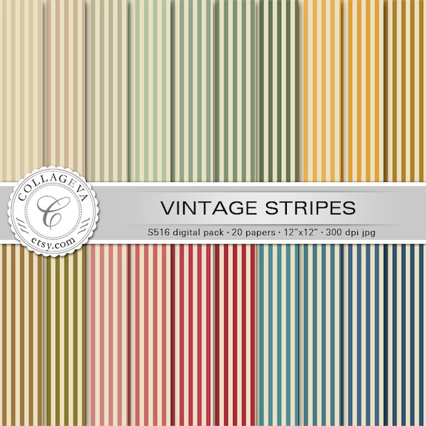 Vintage Stripes Digital Paper Pack, 20 printable sheets, 12”x12” INSTANT DOWNLOAD, pale green, ocher, beige, red, blue, Shabby chic (S516)