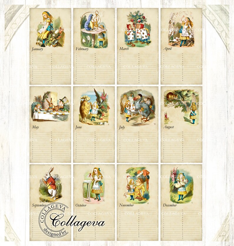 Alice in Wonderland Birthday Perpetual Calendar, Printable Digital ...