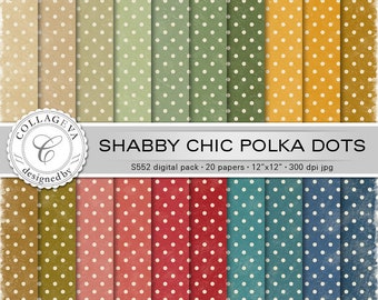 Shabby Chic Polka dots Digital Paper Pack, 20 printable sheets, 12”x12” Vintage dots pattern, Textured, green ocher beige red blue (S552)