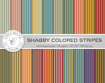 Shabby Colored Stripes Digital Paper Pack, 20 printable sheets, 12”x12” INSTANT DOWNLOAD, vintage pale green, ocher, beige, red, blue (S504)