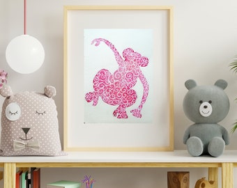 Personalised Art, Pink Monkey Watercolour, Children's Art, Customised Art, Original Painting.