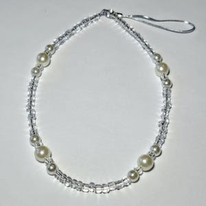 Ivory & Clear Seed Bead Phone Strap: Faux Pearl Cellphone Charm