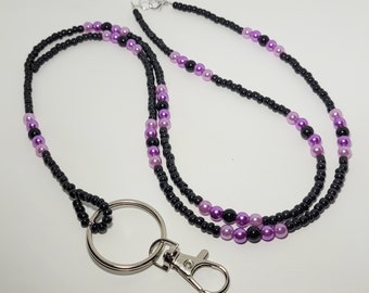 Purple Beaded Teacher Lanyard, Cruise Lanyard, Nurse Badge Holder, Purple and Black Accessories