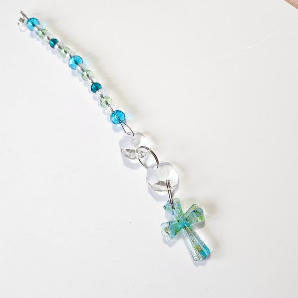 Pretty Cross Suncatcher, Car Decor Gift, Crystal Prism Beaded Suncatcher, Handmade Memorial Gift, Religious Gift