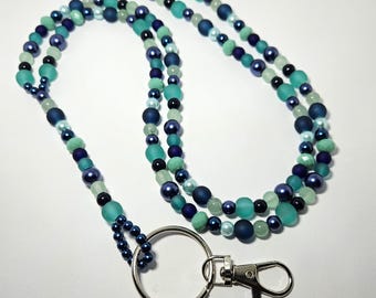 Green and Blue Beaded Lanyard, Dressy Teacher Keychain, Nurse Badge Holder, Healthcare Worker Gift, Office Accessories, #175