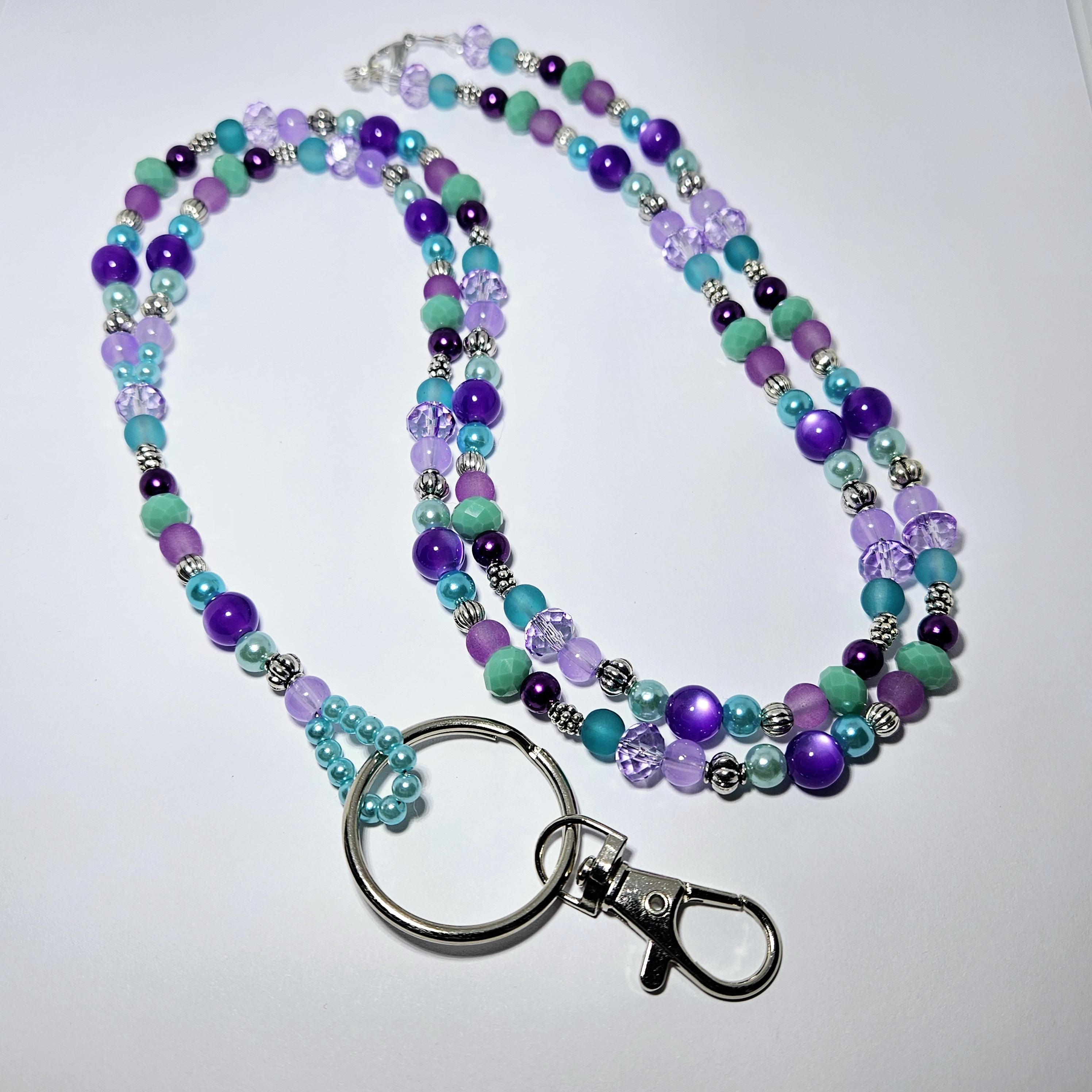 Green and Purple Beaded Lanyard, Dressy Beaded Lanyard, Badge Holder, Fashion Lanyard, Office Accessories, #174