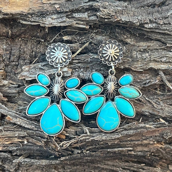 Faux Turquoise Stone Drop Earrings - Country Western Jewelry - Cluster Dangle