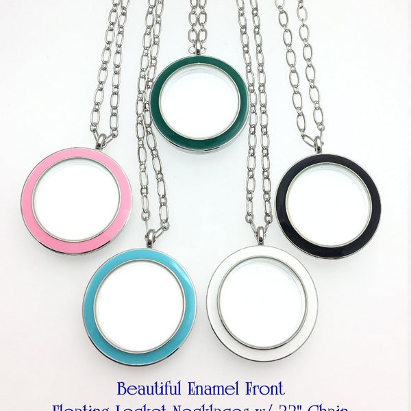 Closeout Beautiful Floating Memory Lockets Enamel Front Colors Pink Black Blue Green and White. With or Without Chain