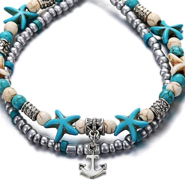 Beaded Anklet Layered Anchor Starfish Ankle Bracelet Beach Bracelet Lobster Clasp Closure Summer Sand Wear