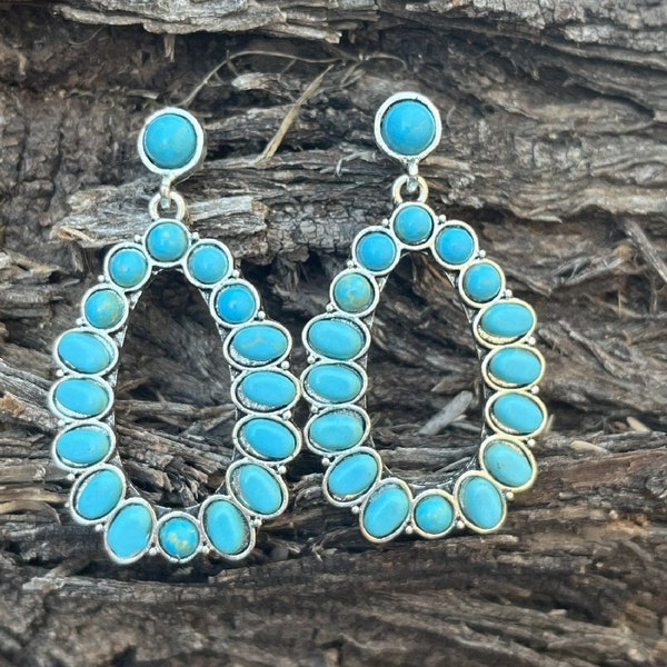 Faux Turquoise Stone Drop Earrings - Country Western Jewelry - Oval Drop Dangle