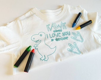 Children's colouring in tshirt sets, kids birthday gifts, wedding favours, party bag, crafting kits, dinosaur, Unicorn, Custom designs, fun