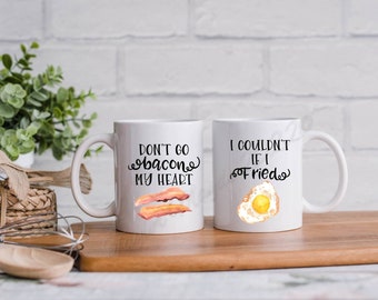 Couple mugs, valentines gifts, don't go bacon my heart, humourous gifts, funny anniversary gifts, new home sets, couple gifts, novelty mugs,