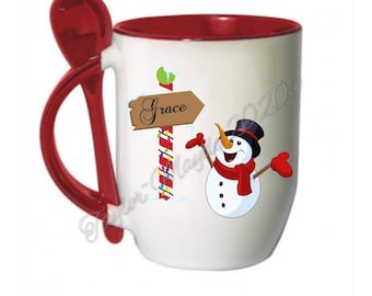 Christmas mug, personalised Christmas eve mug, hot chocolate mugs, snowman mug and spoon, red mug, Kids mugs, xmas eve mugs, Custom mugs,