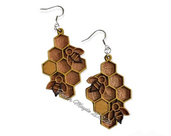Handpainted wooden earrings, honeycomb bee dangling earrings, lightweight handmade quirky earrings, jewellery, nature lover gift, insects