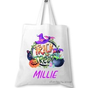 Personalised trick or treat bags, halloween goodies, pumpkins, rainbows, witches, gnomies bag, candy sack, sweet bags, party bags, tote bag,
