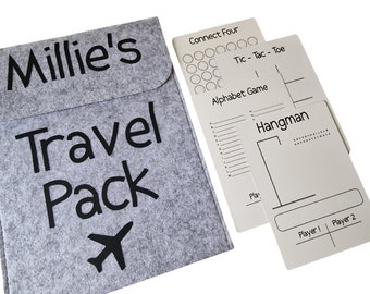 children's reusable travel games and pack, personalised games, airplane pack, holiday travel games, activity packs,