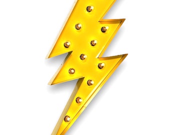 May include: A yellow lightning bolt shaped sign with light bulbs. The sign is made of metal and has a vintage look.