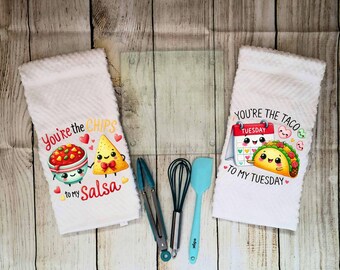 Custom cute kitchen towels or bath towels, couple matching go together add a name, year or phrase. White towels, 23 x 16