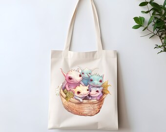 Axolotl- Basket of Axolotls canvas reusable tote bag 12 X 14 in