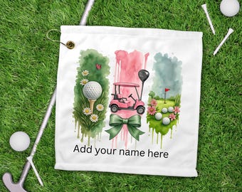 Toalha de golfe feminina personalizada - um toque feminino e charmoso, com o design de sua escolha - 30 x 30 cm. Ótima opção de presente para o Dia das Mães.