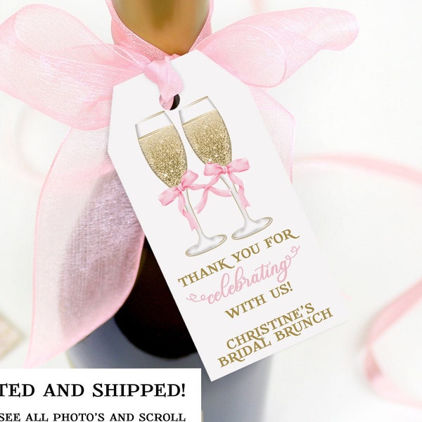 Pink Bow Bridal Brunch Champagne Favor Tag, She's Tying The Knot, Pop the Bubbly, Coquette Bridal Shower