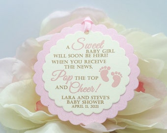 Mini Wine Bottle Baby Shower Favor Tag, Champagne Favor Tag, Baby Shower, Pink and Gold, Personalized Favor Tag, Pop the Top and Cheer