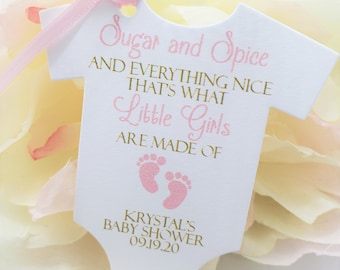 Etiqueta de recuerdo de baby shower para niñas, azúcar y especias y todo lo bueno, etiquetas de bolsas de regalo, de eso están hechas las niñas pequeñas, etiquetas de galletas