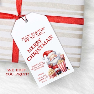 PRINTABLE Christmas Gift Tags, Popping By, Santa Tag, Neighbor Gift, Popcorn Gift