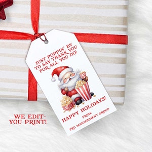 PRINTABLE Christmas Gift Tags, Popping By, Santa Tag, Employee Appreciation, Popcorn Gift, Employee Gift