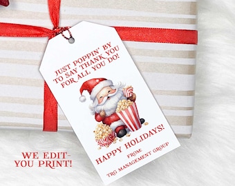 Etiquetas de regalo de Navidad IMPRIMIBLES, Popping By, Etiqueta de Santa, Apreciación de los empleados, Regalo de palomitas de maíz, Regalo de los empleados