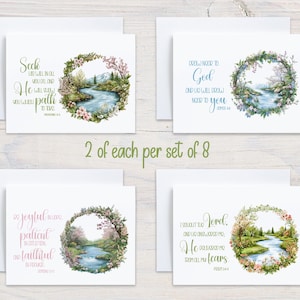 May include: Set of eight greeting cards with white envelopes. Each card features a watercolor illustration of a river scene within a floral wreath. Inspirational quotes are printed on each card in various colors.