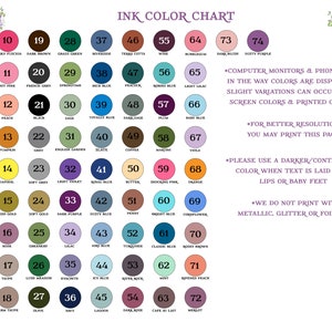 Pode incluir: Carta de cores de tinta com 74 cores diferentes, cada cor &eacute; etiquetada com um n&uacute;mero e um nome. A carta &eacute; cercada por uma borda branca e tem um design floral rosa no canto superior direito. A carta tamb&eacute;m inclui texto sobre monitores de computador e telefones, resolu&ccedil;&atilde;o e impress&atilde;o com cores contrastantes mais escuras.