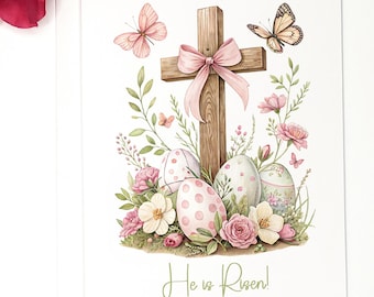 Tarjetas de Pascua "Él ha resucitado": Cruz floral, huevos, mariposas - Juego de 8