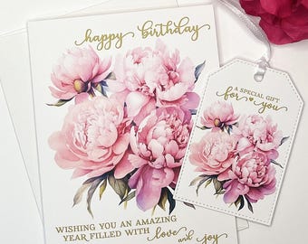 Watercolor Peony Birthday Card: Floral Gift Tag Set