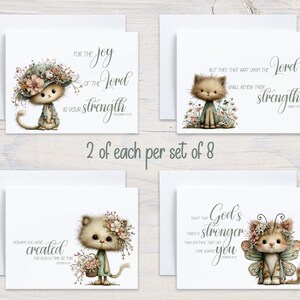 May include: Set of eight greeting cards with white envelopes. Each card features a watercolor illustration of a kitten with floral accents and inspirational text. The text includes phrases like "For the joy of the Lord" and "God's stronger than you."