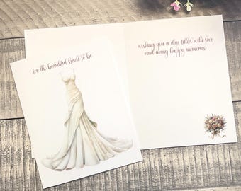 Tarjeta de despedida de soltera con elegante vestido de novia