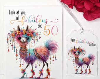 Tarjeta de 50 cumpleaños con etiqueta de regalo a juego, Llama de cumpleaños, Regalo de cumpleaños para ella, Fabulosa a los 50, Etiqueta de regalo de Llama