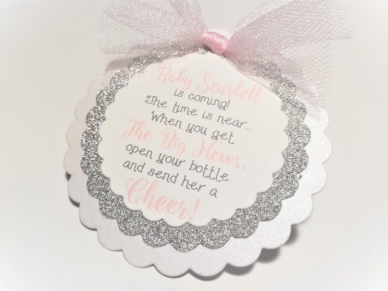 Custom Favor Tags Cheers Mini Wine Bottle Favor Tags Personalized Favor Tags Glam Favor Tags Pink and Silver Baby Shower Favors